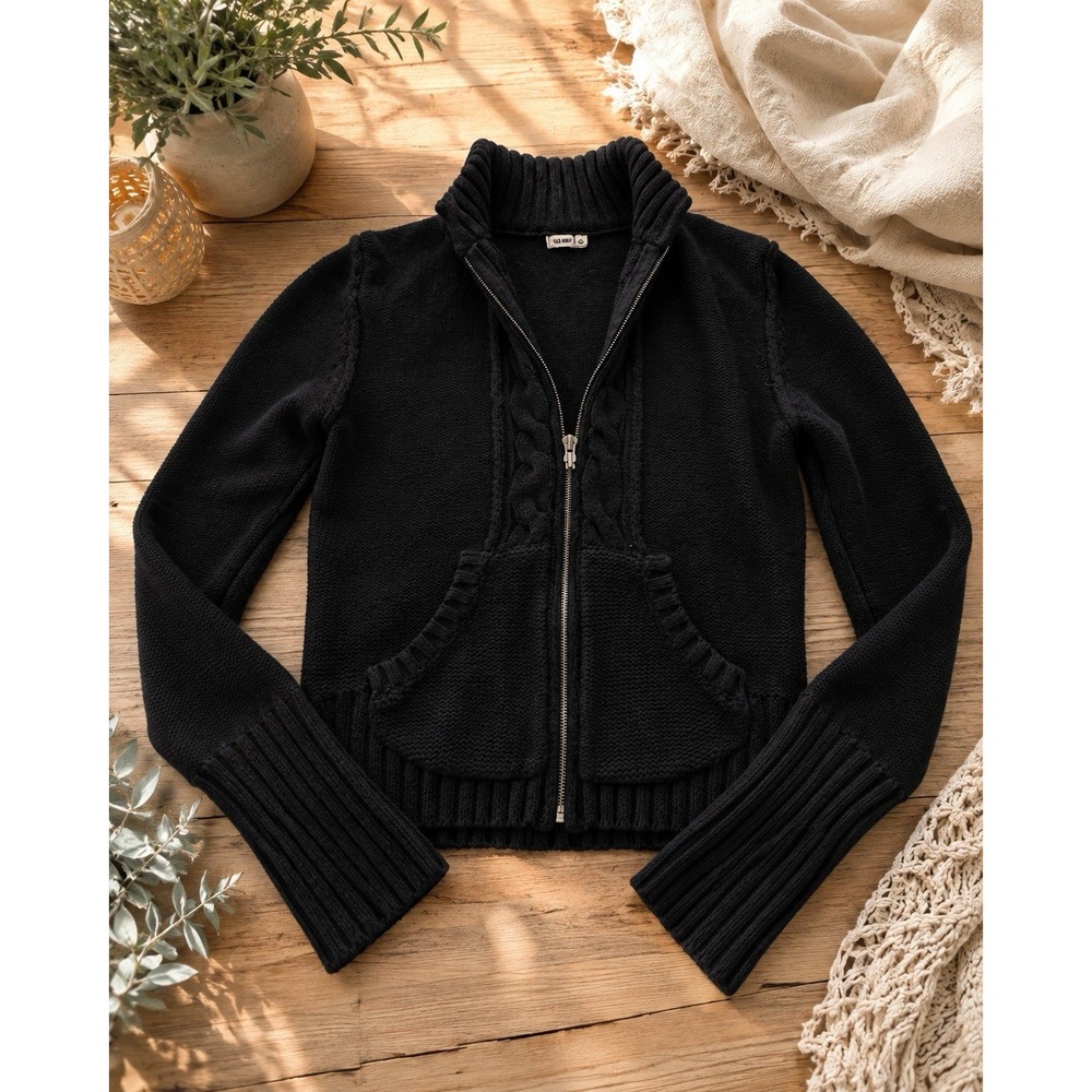 Old Navy Sz L Black Cable Knit Full Zip Cardigan Sweater Jacket 100% Cotton Y2K